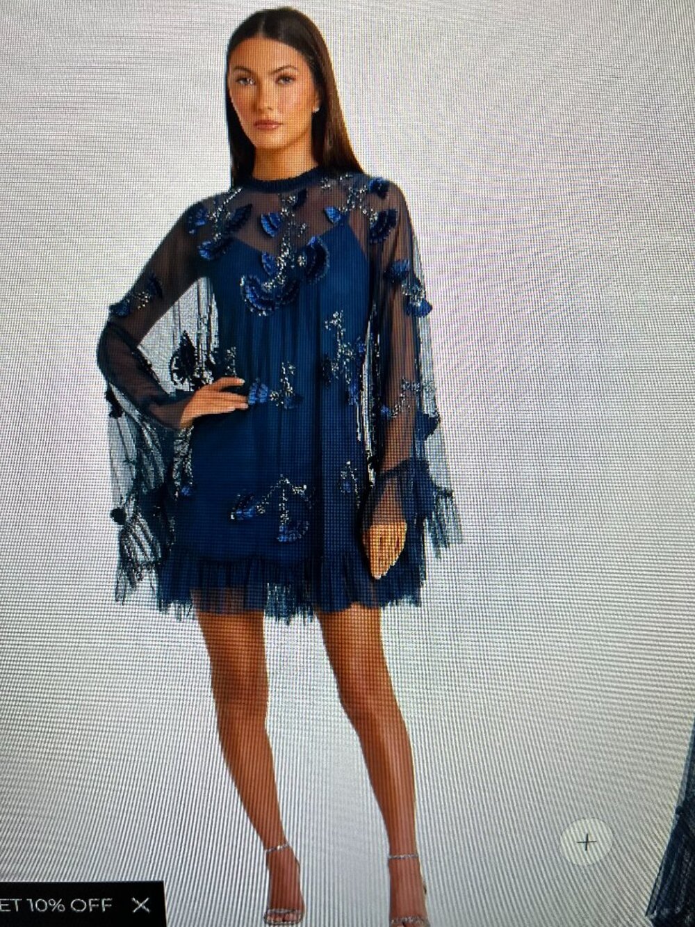 Mac Duggal blue embellished long flare sleeve mesh A-line dress